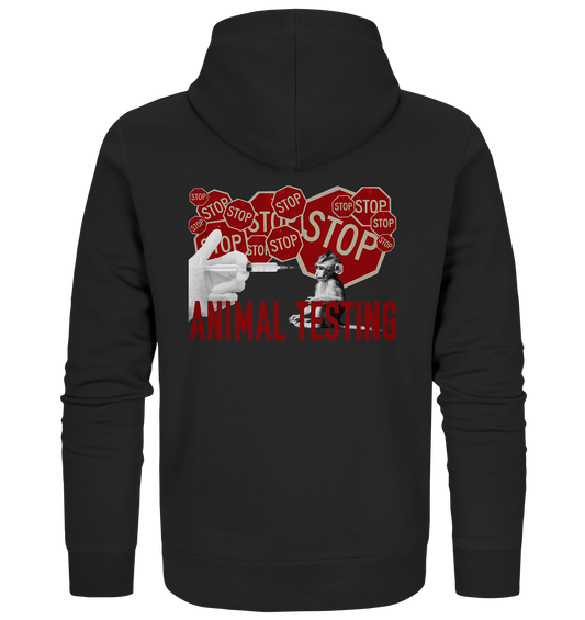 Vegan, Organic & Recycled Zipper Hoodie: STOP ANIMAL TESTING! (bedruckt, Digitale Collage gegen Tierversuche, Stoppschilder, Affe, Hand mit Spritze, Schriftzug Animal Testing) schwarz