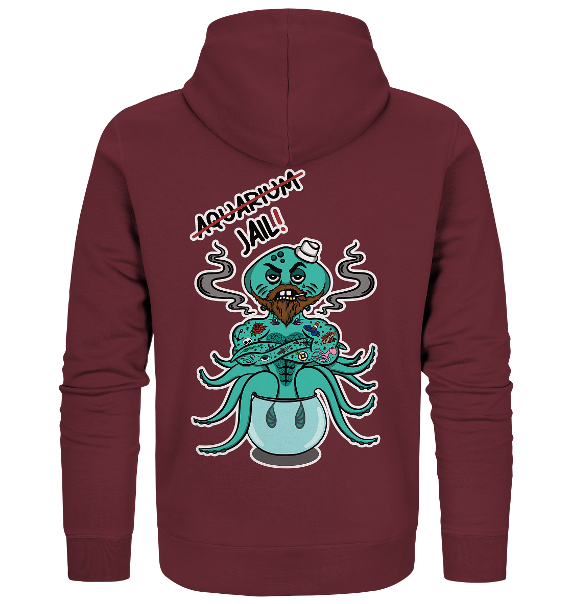 Vegan, Organic & Recycled Zipper Hoodie: Sailor in Jail! (bedruckt im Comic -Stil: Oktopus als Seemann mit Oldschool Tattoos sitzt in viel zu kleinem Fischglas und Schriftzug Aquarium durchgestrichen, darunter Jail! geschrieben, Tierschutz, Schutz der Meereslebewesen, Rettet die Meere) Farbe: Rot