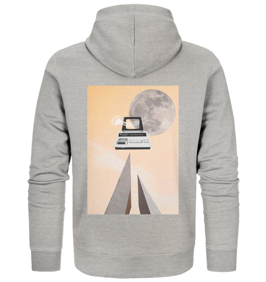 Vegan, Organic & Recycled Zipper Hoodie: Retro Computer - Nerd (bedruckt mit digitale Collage, Vollmond, Commodore PC, Qualle, Hintergrund beige, für Gamer und Nerds) auf grau meliert