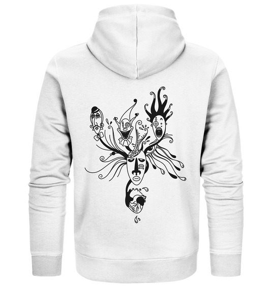 Vegan, Organic & Recycled Zipper Hoodie: Behind the Mask... (bedruckt mit abstrakter Kunst, Surrealismus, Herz, Clown, Harlekin, Pantomime, Auge mit Tränen, Fantasiewesen, Blackline) schwarz auf weiß