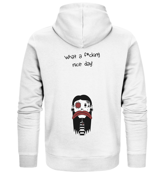 Vegan, Organic & Recycled Zipper Hoodie: Emo Girl im Gothic Style (bedruckt mit Skullmädchen mit Tattoos, Spinne und Tunnels mit riesigem Mund, Voodoo, Clockwork Orange) auf weiß