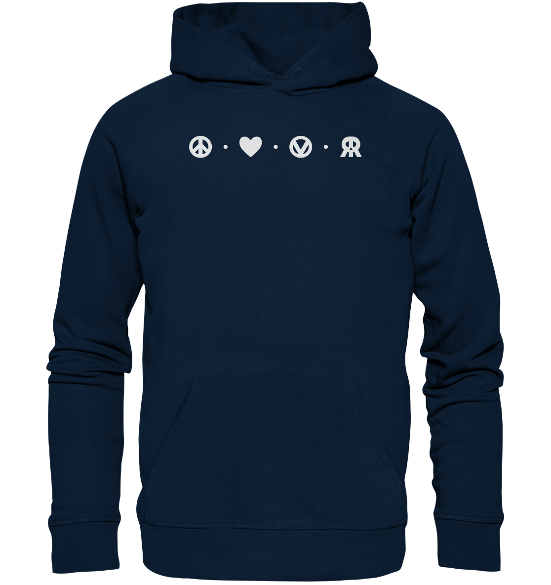 Vegan, Organic & Recycled Hoodie: Peace - Love - Vegan - Rebellious (bedruckt mit vier schlichten kleinen Logos oben: ein Peace – Zeichen, ein Herz, ein „V“, von einem Kreis eingefasst, welches für Vegan steht und das RudeRebel Logo, welches für „Rebellious“ steht, getrennt sind die Logos mit drei Punkten) Farbe: Dunkelblau