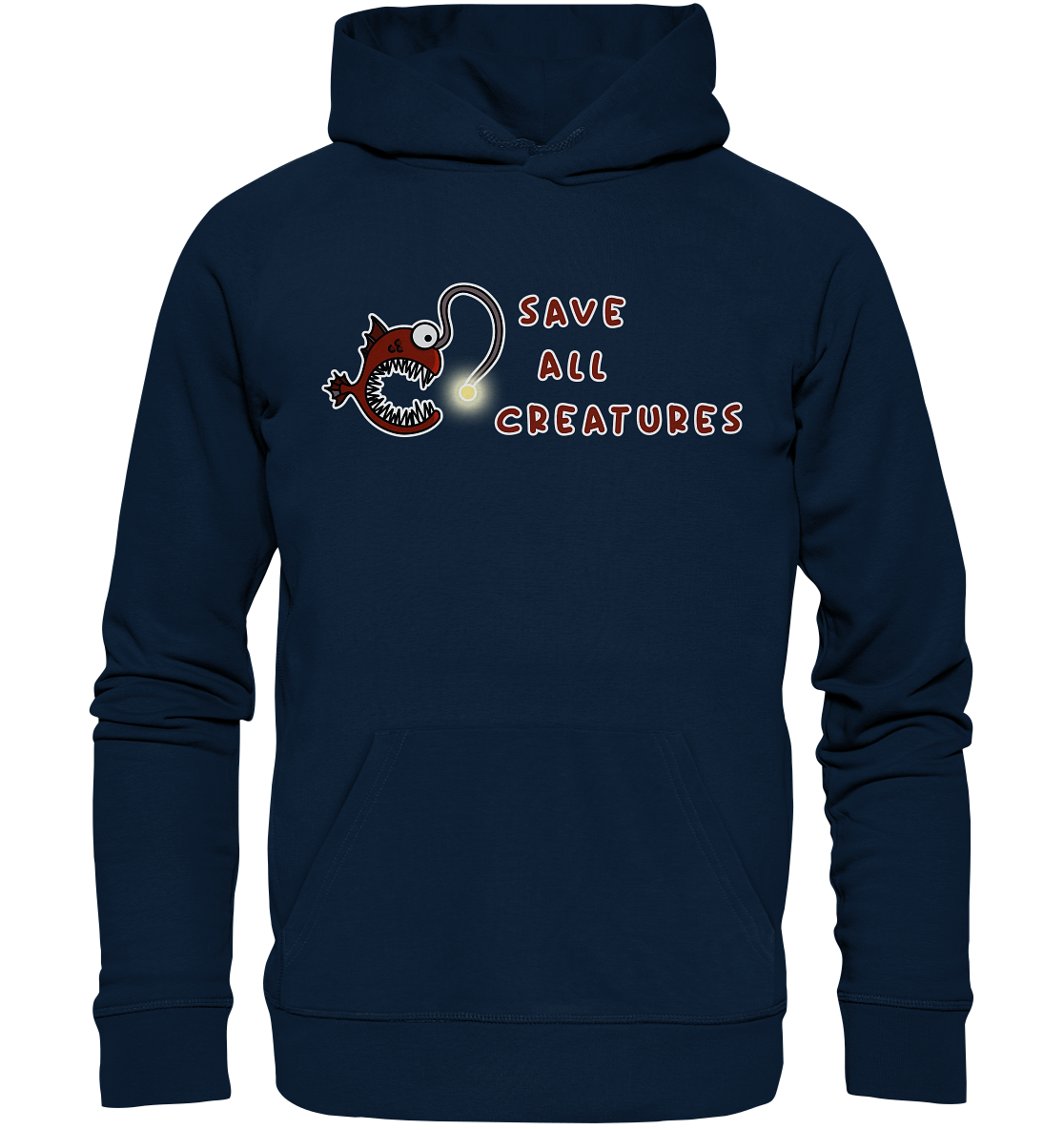 Vegan, Organic & Recycled Hoodie: Weird Frogfish - save all creatures (roter Comic - Fisch mit großen spitzen Zähnen, der Schriftzug "save all creatures" als Welle formatiert, Tierschutz, Rettet unsere Meere) Farbe: Blau