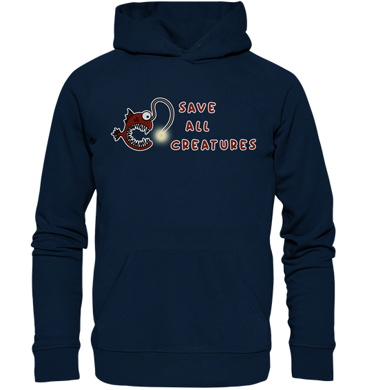 Vegan, Organic & Recycled Hoodie: Weird Frogfish - save all creatures (roter Comic - Fisch mit großen spitzen Zähnen, der Schriftzug "save all creatures" als Welle formatiert, Tierschutz, Rettet unsere Meere) Farbe: Blau