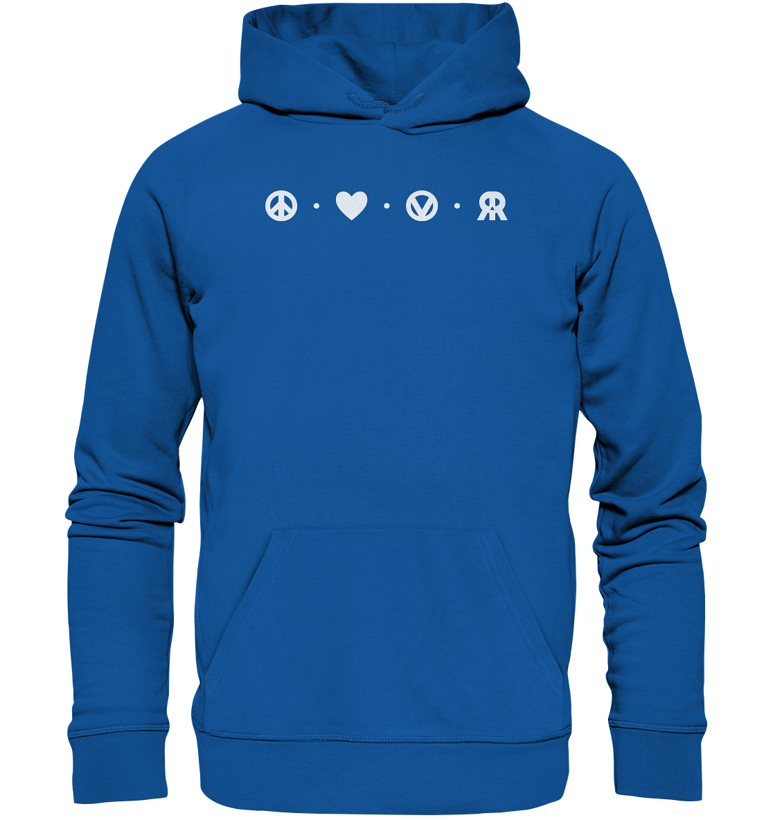 Vegan, Organic & Recycled Hoodie: Peace - Love - Vegan - Rebellious (bedruckt mit vier schlichten kleinen Logos oben: ein Peace – Zeichen, ein Herz, ein „V“, von einem Kreis eingefasst, welches für Vegan steht und das RudeRebel Logo, welches für „Rebellious“ steht, getrennt sind die Logos mit drei Punkten) Farbe: Blau