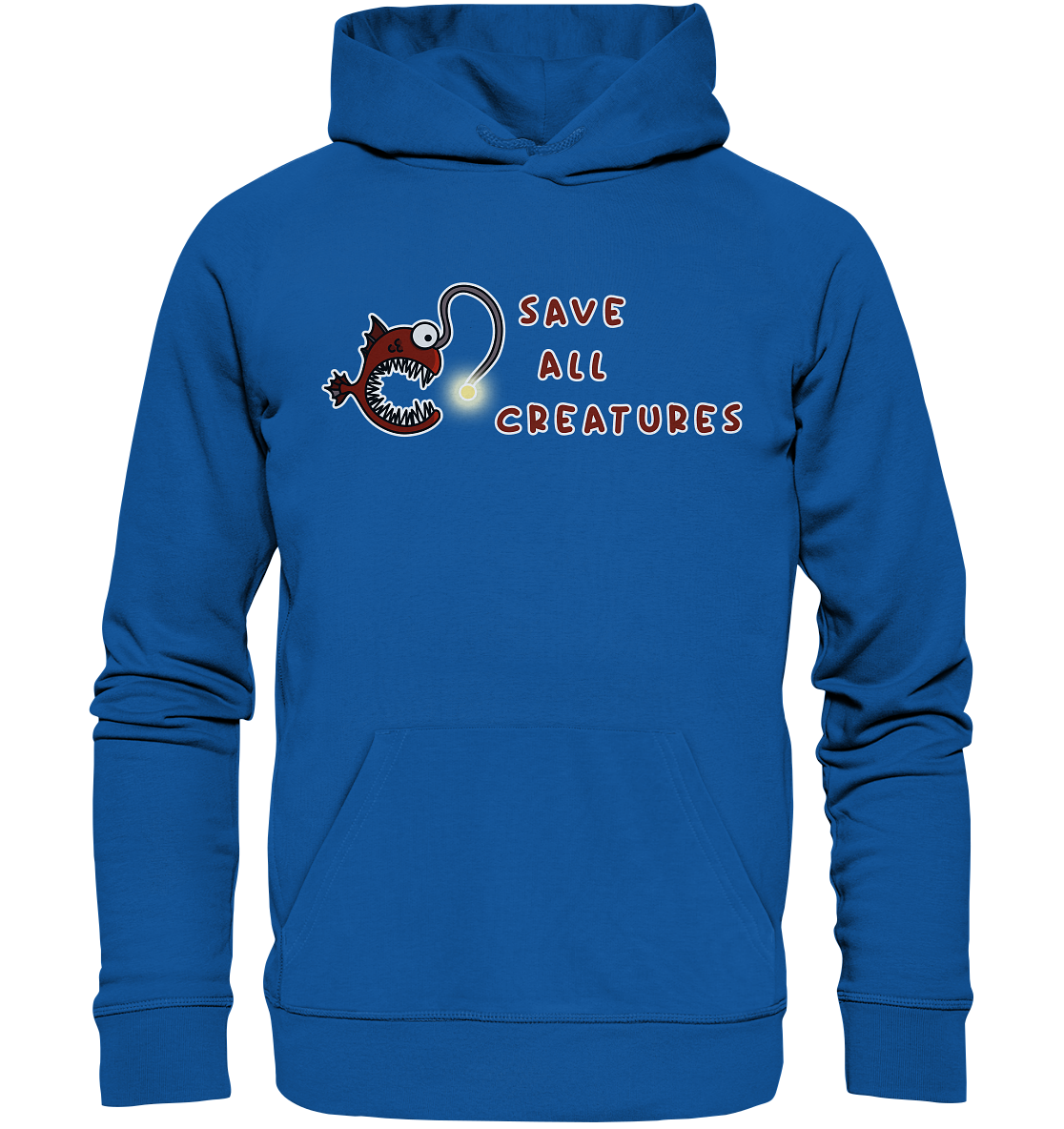 Vegan, Organic & Recycled Hoodie: Weird Frogfish - save all creatures (roter Comic - Fisch mit großen spitzen Zähnen, der Schriftzug "save all creatures" als Welle formatiert, Tierschutz, Rettet unsere Meere) Farbe: Hellblau