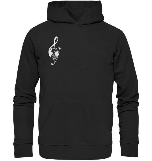 Vegan, Organic & Recycled Hoodie: Music Therapy with Heart (bedruckt mit minimalistischem Herz und integriertem Notenschlüssel im Oldschool Tattoo Stil, rechts oben) Farbe: Black