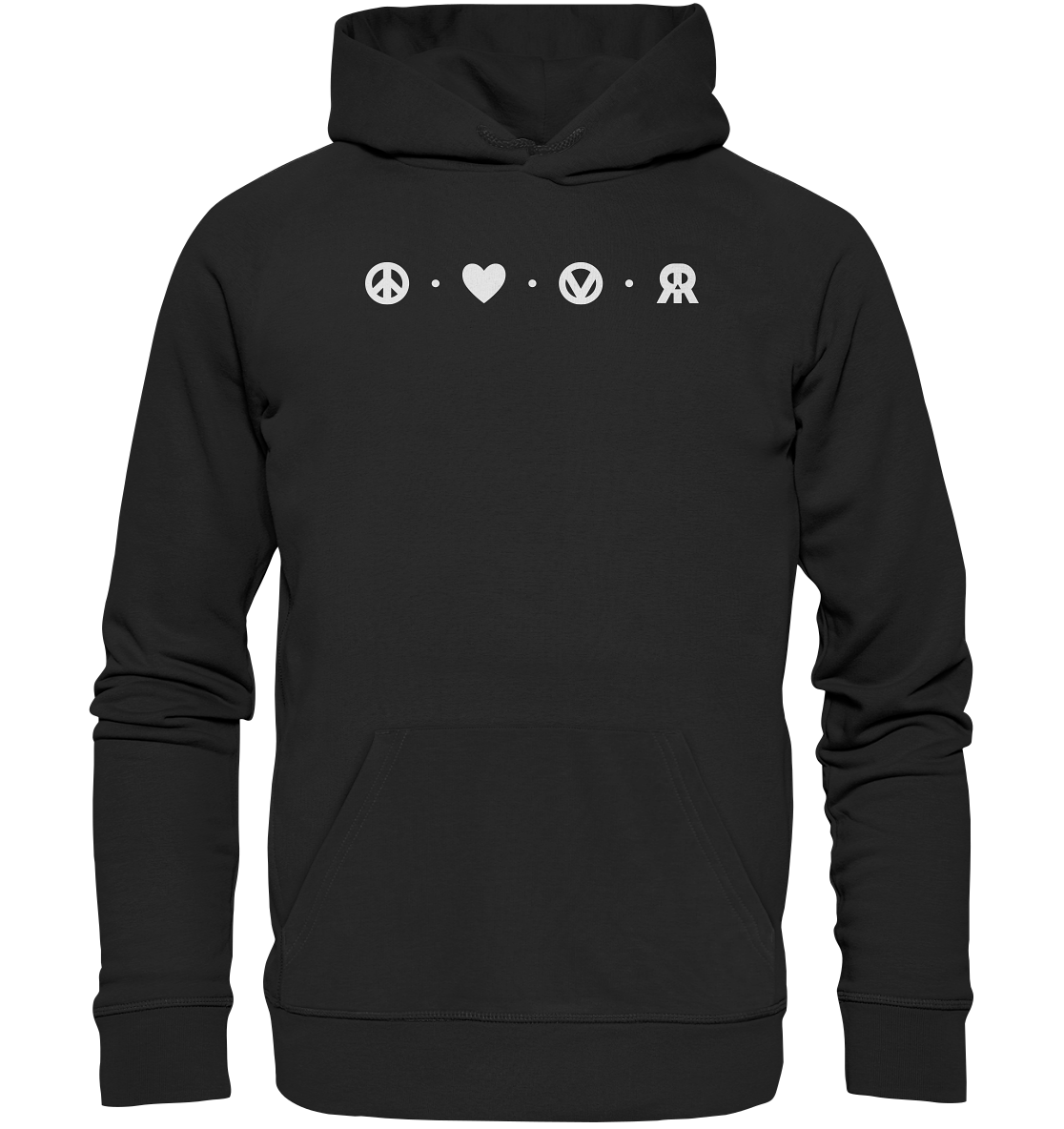 Vegan, Organic & Recycled Hoodie: Peace - Love - Vegan - Rebellious (bedruckt mit vier schlichten kleinen Logos oben: ein Peace – Zeichen, ein Herz, ein „V“, von einem Kreis eingefasst, welches für Vegan steht und das RudeRebel Logo, welches für „Rebellious“ steht, getrennt sind die Logos mit drei Punkten) Farbe: Schwarz