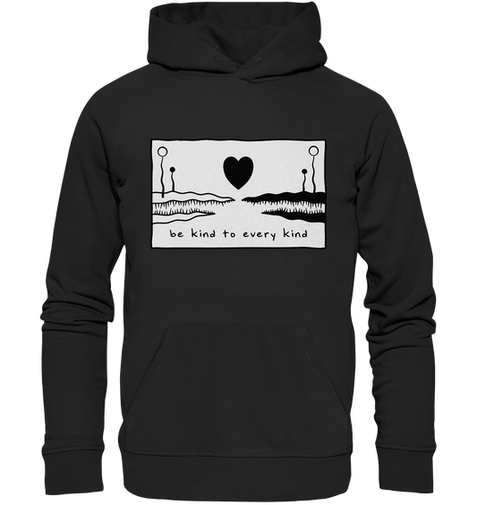 Schwarzer, bedruckter - Vegan, Organic & Recycled - Hoodie: "be kind to every kind"  Love and Peace for every kind: minimalistisch, black and white, Fantasiewesen und Herz