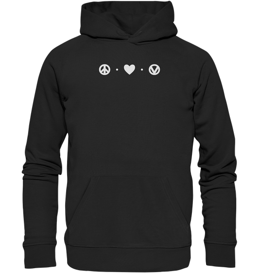 Vegan, Organic & Recycled Hoodie: Peace - Love - Vegan (bedruckt mit drei schlichten kleinen Logos oben: ein Peace – Zeichen, ein Herz und ein „V“, von einem Kreis eingefasst, welches für Vegan steht, getrennt sind die Logos mit zwei Punkten) Farbe: Schwarz