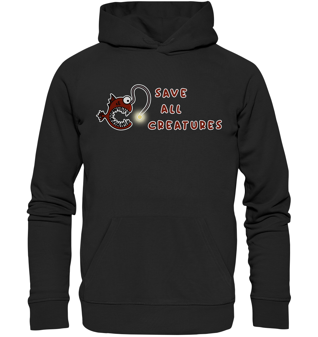 Vegan, Organic & Recycled Hoodie: Weird Frogfish - save all creatures (roter Comic - Fisch mit großen spitzen Zähnen, der Schriftzug "save all creatures" als Welle formatiert, Tierschutz, Rettet unsere Meere) Farbe: Schwarz