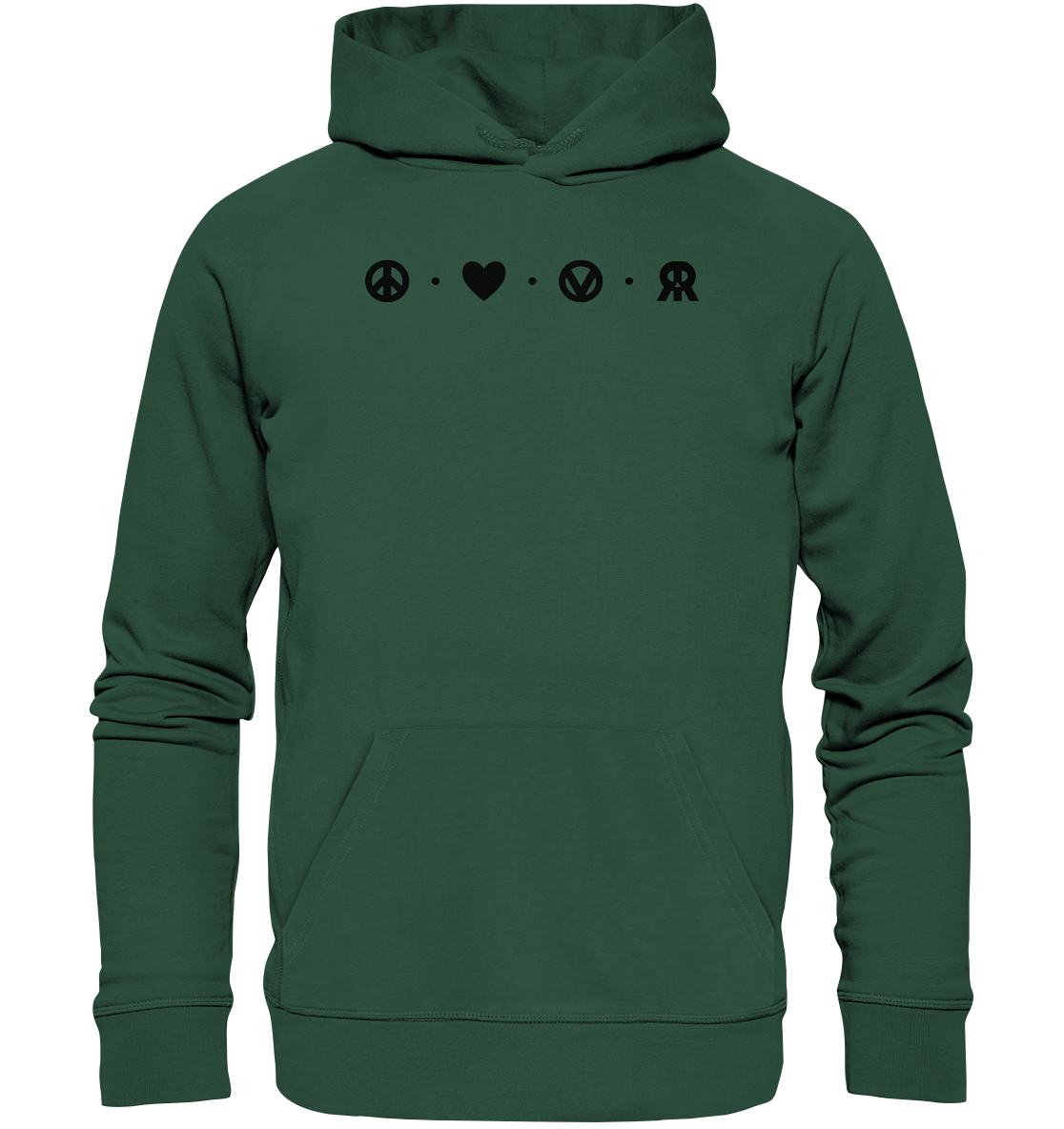 Vegan, Organic & Recycled Hoodie: Peace - Love - Vegan - Rebellious (bedruckt mit vier schlichten kleinen Logos oben: ein Peace – Zeichen, ein Herz, ein „V“, von einem Kreis eingefasst, welches für Vegan steht und das RudeRebel Logo, welches für „Rebellious“ steht, getrennt sind die Logos mit drei Punkten) Farbe: Grün