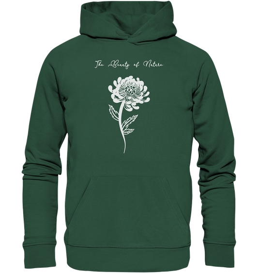 Vegan, Organic & Recycled Hoodie: Chrysantheme - The Beauty of Nature (Blume im minimalistischen Design und Schriftzug, Naturschutz, Umweltschutz) green