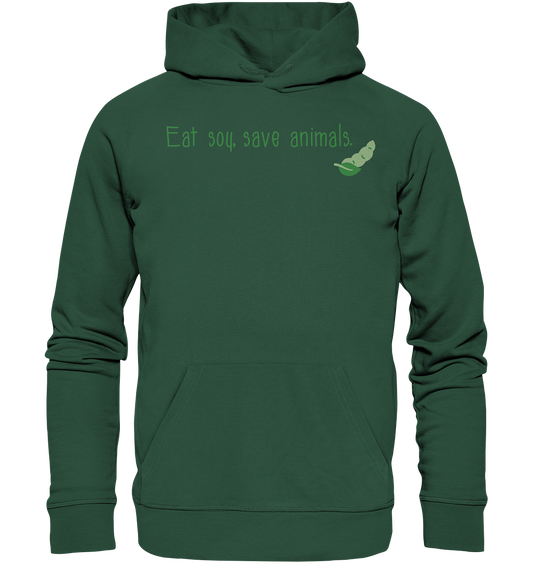 Vegan, Organic & Recycled Hoodie: Eat soy, save animals. (bedruckt mit Schriftzug oben und Sojabohne im Comicstil hinter dem Satz) Farbe: Grün