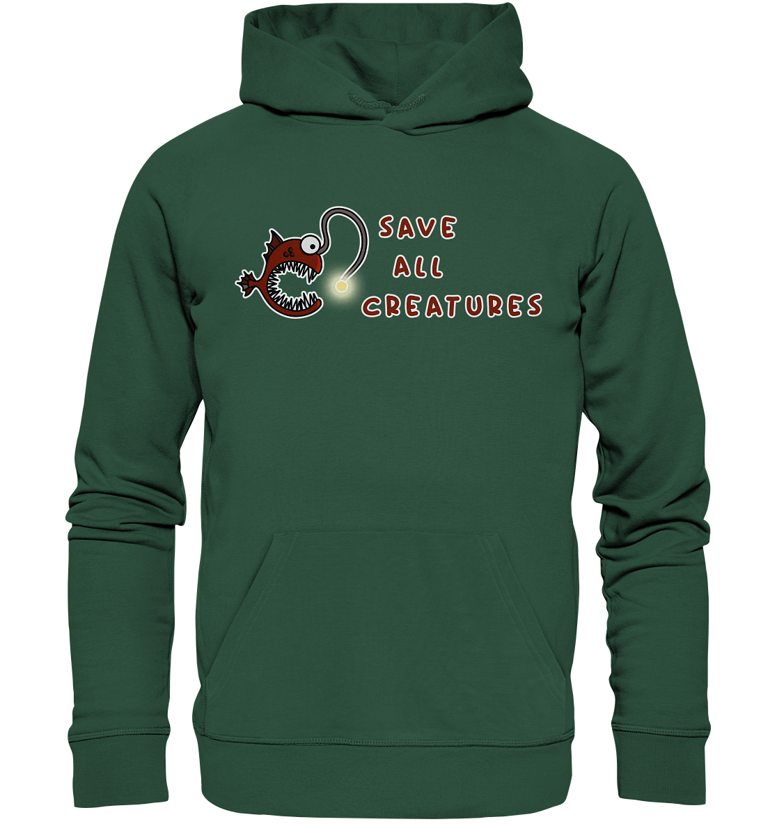 Vegan, Organic & Recycled Hoodie: Weird Frogfish - save all creatures (roter Comic - Fisch mit großen spitzen Zähnen, der Schriftzug "save all creatures" als Welle formatiert, Tierschutz, Rettet unsere Meere) Farbe: Grün