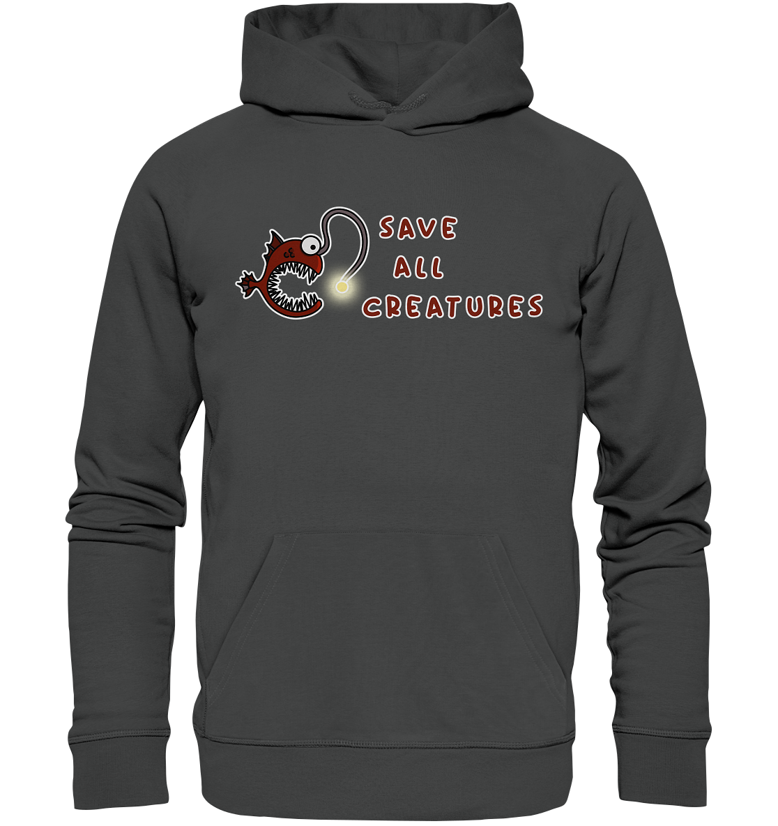 Vegan, Organic & Recycled Hoodie: Weird Frogfish - save all creatures (roter Comic - Fisch mit großen spitzen Zähnen, der Schriftzug "save all creatures" als Welle formatiert, Tierschutz, Rettet unsere Meere) Farbe: Grau