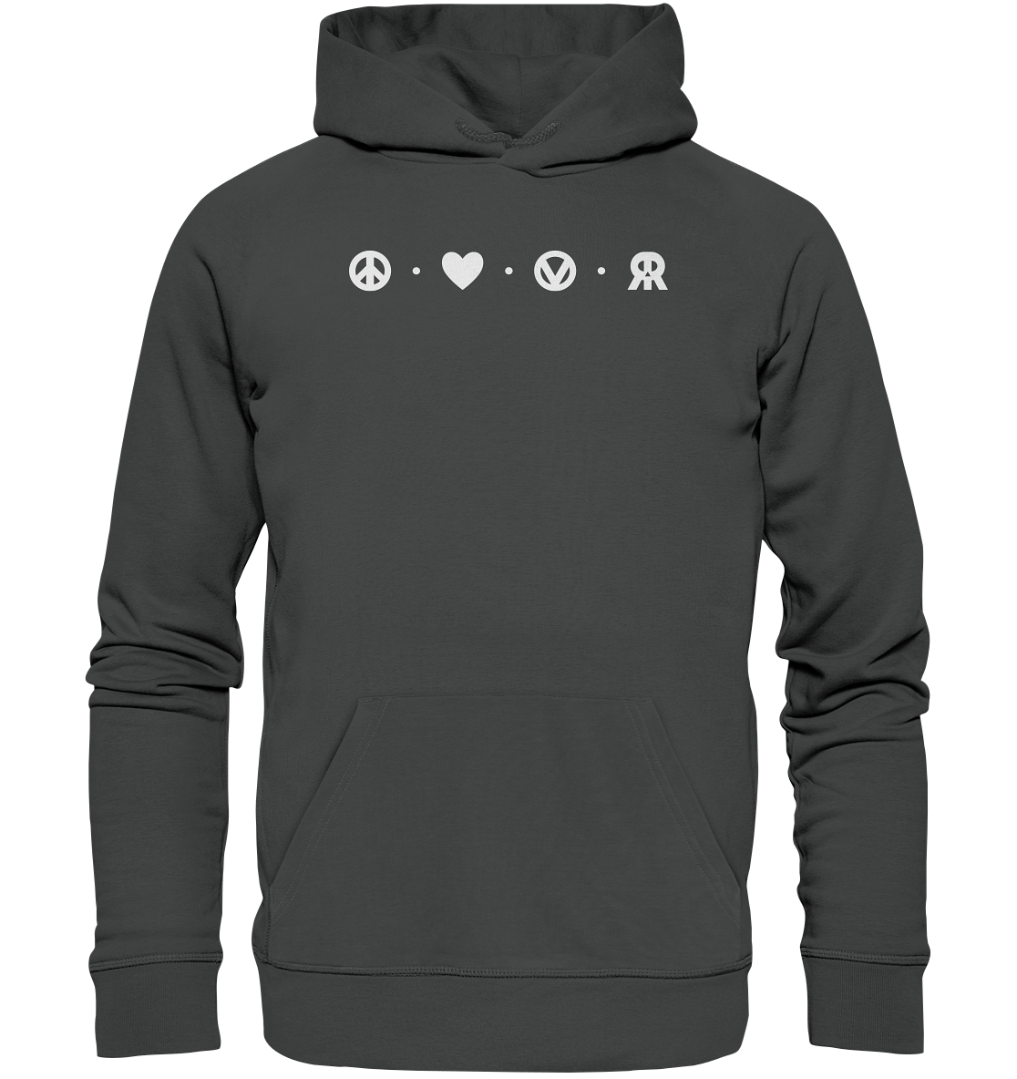 Vegan, Organic & Recycled Hoodie: Peace - Love - Vegan - Rebellious (bedruckt mit vier schlichten kleinen Logos oben: ein Peace – Zeichen, ein Herz, ein „V“, von einem Kreis eingefasst, welches für Vegan steht und das RudeRebel Logo, welches für „Rebellious“ steht, getrennt sind die Logos mit drei Punkten) Farbe: Dunkelgrau