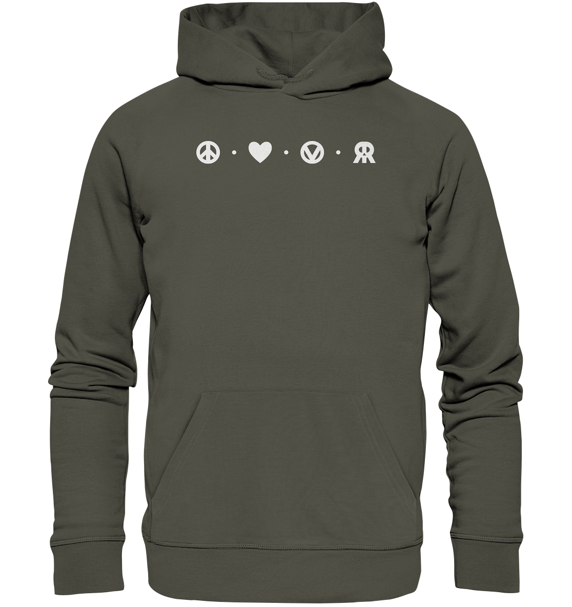 Vegan, Organic & Recycled Hoodie: Peace - Love - Vegan - Rebellious (bedruckt mit vier schlichten kleinen Logos oben: ein Peace – Zeichen, ein Herz, ein „V“, von einem Kreis eingefasst, welches für Vegan steht und das RudeRebel Logo, welches für „Rebellious“ steht, getrennt sind die Logos mit drei Punkten) Farbe: Khaki