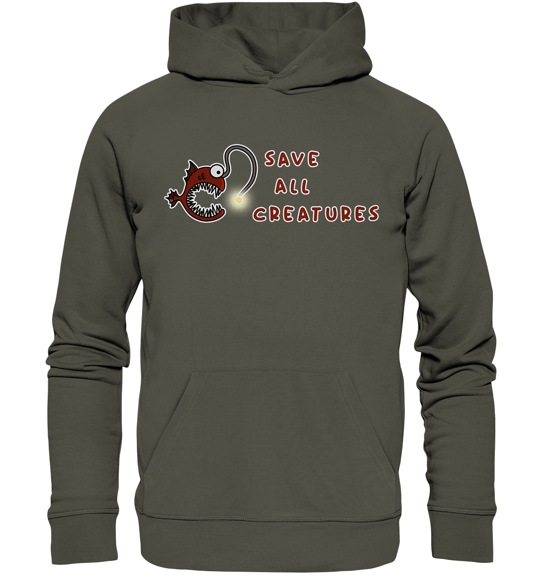 Vegan, Organic & Recycled Hoodie: Weird Frogfish - save all creatures (roter Comic - Fisch mit großen spitzen Zähnen, der Schriftzug "save all creatures" als Welle formatiert, Tierschutz, Rettet unsere Meere) Farbe: Khaki