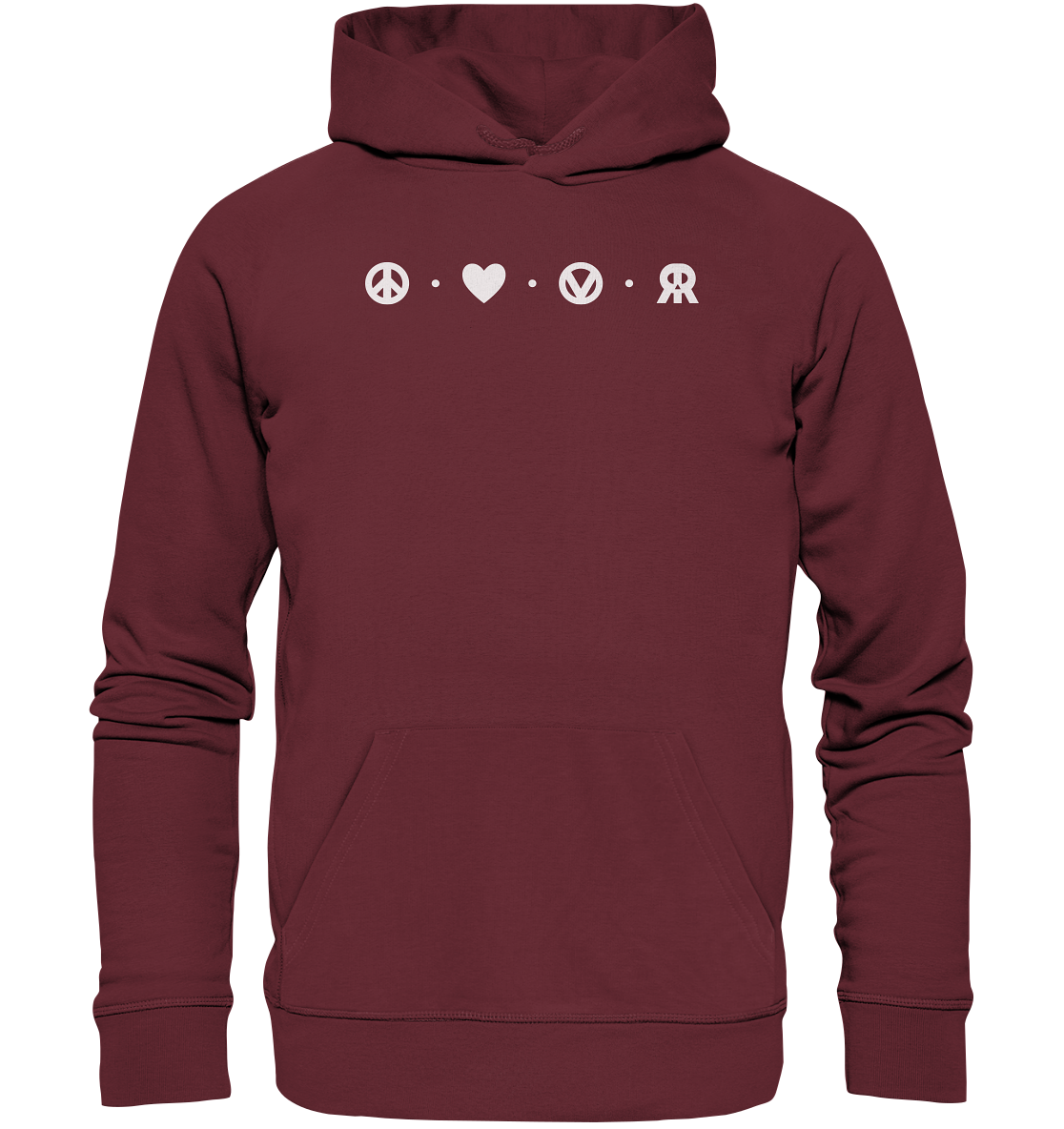 Vegan, Organic & Recycled Hoodie: Peace - Love - Vegan - Rebellious (bedruckt mit vier schlichten kleinen Logos oben: ein Peace – Zeichen, ein Herz, ein „V“, von einem Kreis eingefasst, welches für Vegan steht und das RudeRebel Logo, welches für „Rebellious“ steht, getrennt sind die Logos mit drei Punkten) Farbe: Rot