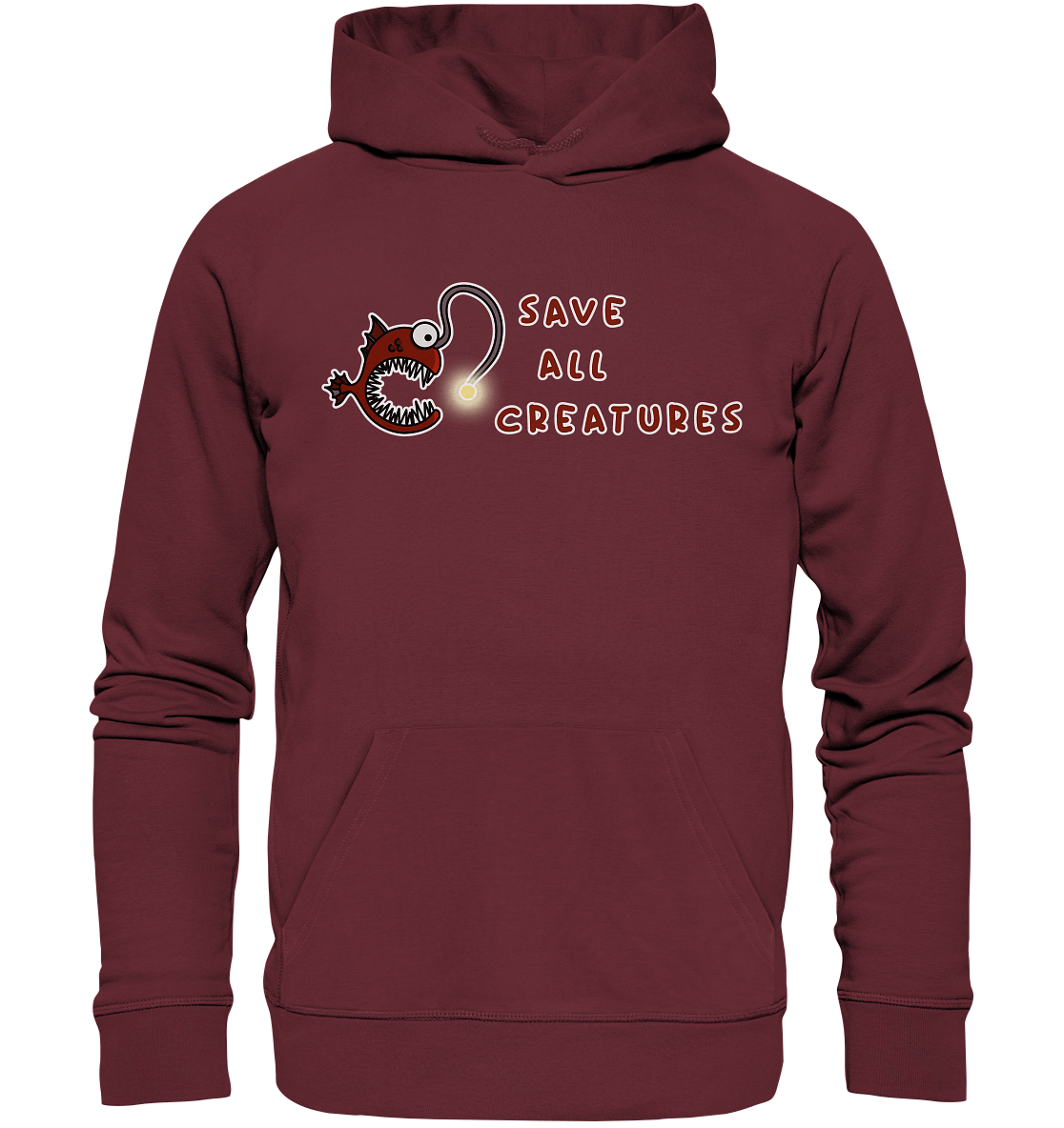 Vegan, Organic & Recycled Hoodie: Weird Frogfish - save all creatures (roter Comic - Fisch mit großen spitzen Zähnen, der Schriftzug "save all creatures" als Welle formatiert, Tierschutz, Rettet unsere Meere) Farbe: Rot