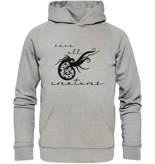 Grauer bedruckter Hoodie (Vegan, Organic & Recycled): Schriftzug "Save All Creatures" und Meeresschnecke im Comicstil