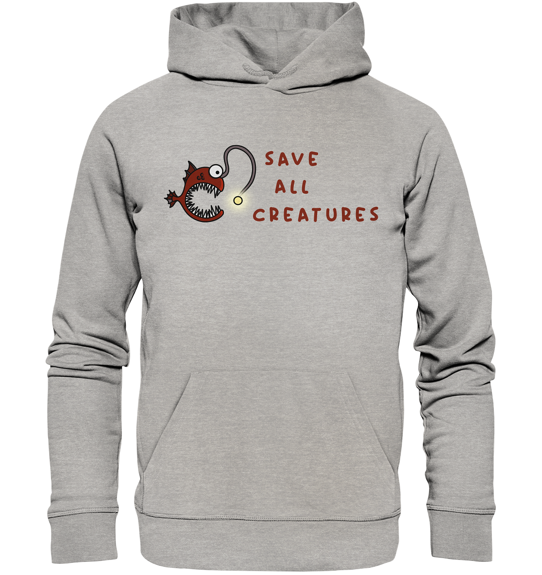 Vegan, Organic & Recycled Hoodie: Weird Frogfish - save all creatures (roter Comic - Fisch mit großen spitzen Zähnen, der Schriftzug "save all creatures" als Welle formatiert, Tierschutz, Rettet unsere Meere) Farbe: hellgrau