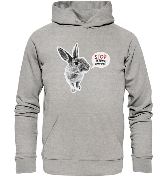 Vegan, Organic & Recycled Hoodie: Cute Rabbit - Stop Testing Animals! (bedruckt mit süßem Hase in black and white und Sprechblase „STOP TESTING ANIMALS!“, Tierschutz) Farbe: grau