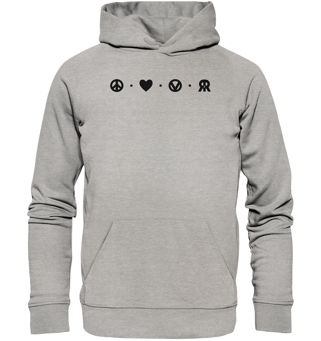 Vegan, Organic & Recycled Hoodie: Peace - Love - Vegan - Rebellious (bedruckt mit vier schlichten kleinen Logos oben: ein Peace – Zeichen, ein Herz, ein „V“, von einem Kreis eingefasst, welches für Vegan steht und das RudeRebel Logo, welches für „Rebellious“ steht, getrennt sind die Logos mit drei Punkten) Farbe: Grau