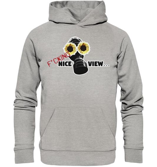 Vegan, Organic & Recycled Hoodie: Sunflower Mask - F*cking nice view... (bedruckt mit digitaler Collage: Gasmaske mit Sonnenblumen auf den Augengläsern und Schriftzug „f*cking nice view…“, Umweltschutz, Rettet unseren Planeten, Naturschutz) Farbe: grau meliert