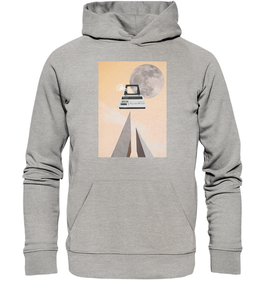 Vegan, Organic & Recycled Hoodie: Retro Computer - Nerd (bedruckt mit digitale Collage, Vollmond, Commodore PC, Qualle, Hintergrund beige, für Gamer und Nerds) auf grau meliert