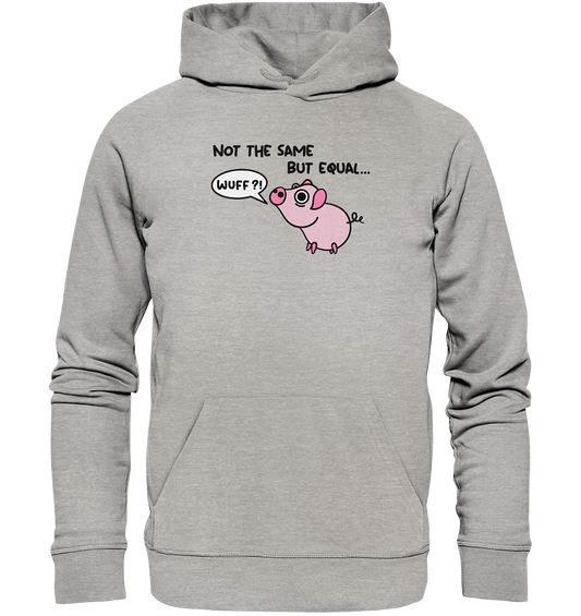 Vegan, Organic & Recycled Hoodie: Not the Same but Equal... (bedruckt, Tierschutz, süßes Schwein im Comic Stil, Sprechblase "Wuff", versucht zu Bellen und Schriftzug "Not the same, but Equal") rosa auf grau meliert