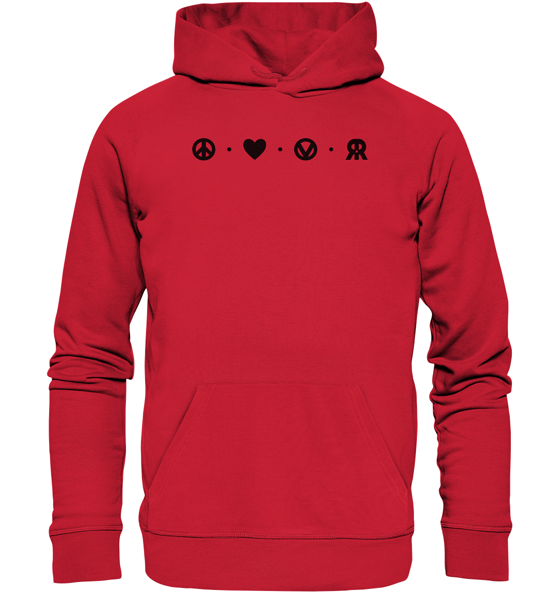 Vegan, Organic & Recycled Hoodie: Peace - Love - Vegan - Rebellious (bedruckt mit vier schlichten kleinen Logos oben: ein Peace – Zeichen, ein Herz, ein „V“, von einem Kreis eingefasst, welches für Vegan steht und das RudeRebel Logo, welches für „Rebellious“ steht, getrennt sind die Logos mit drei Punkten) Farbe: Rot