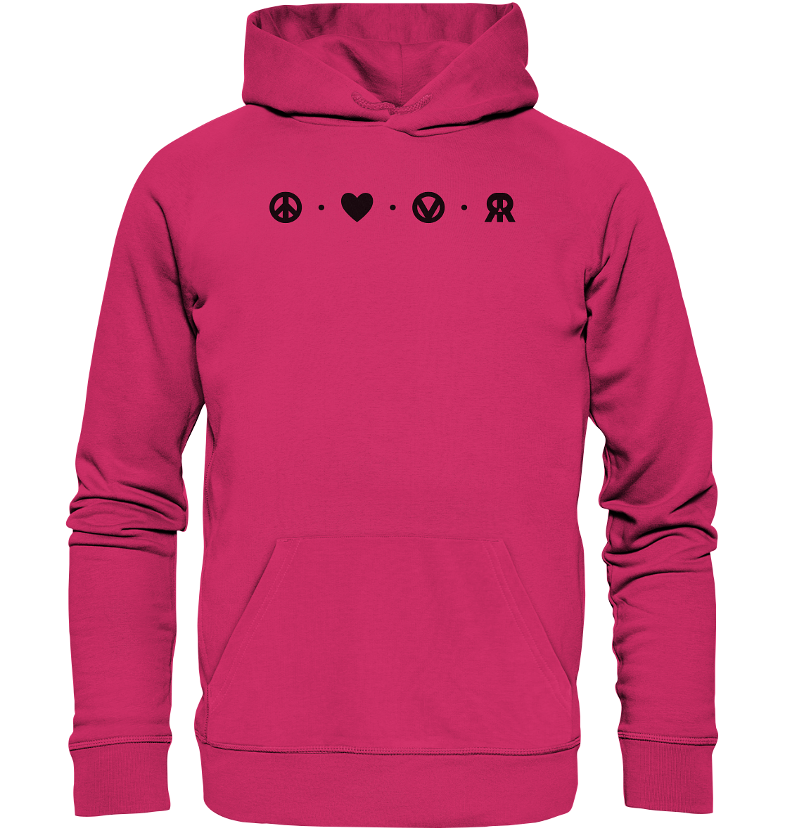 Vegan, Organic & Recycled Hoodie: Peace - Love - Vegan - Rebellious (bedruckt mit vier schlichten kleinen Logos oben: ein Peace – Zeichen, ein Herz, ein „V“, von einem Kreis eingefasst, welches für Vegan steht und das RudeRebel Logo, welches für „Rebellious“ steht, getrennt sind die Logos mit drei Punkten) Farbe: Pink