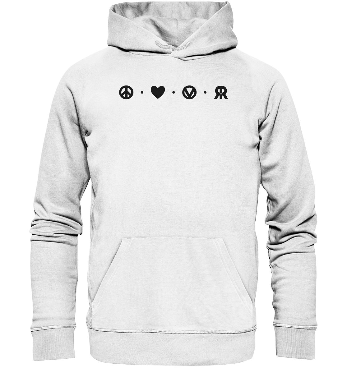 Vegan, Organic & Recycled Hoodie: Peace - Love - Vegan - Rebellious (bedruckt mit vier schlichten kleinen Logos oben: ein Peace – Zeichen, ein Herz, ein „V“, von einem Kreis eingefasst, welches für Vegan steht und das RudeRebel Logo, welches für „Rebellious“ steht, getrennt sind die Logos mit drei Punkten) Farbe: Weiß