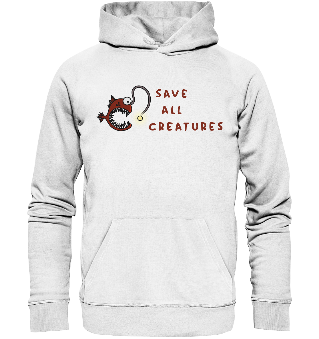 Vegan, Organic & Recycled Hoodie: Weird Frogfish - save all creatures (roter Comic - Fisch mit großen spitzen Zähnen, der Schriftzug "save all creatures" als Welle formatiert, Tierschutz, Rettet unsere Meere) Farbe: Weiß