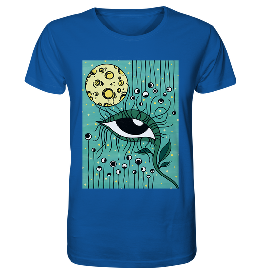 Vegan & Organic Unisex Shirt: Auge, Mond und Sterne (abstraktes Bild, Auge als Pflanze, Vollmond, Augen an Fäden, Sterne, in türkis gehalten auf hellblau)