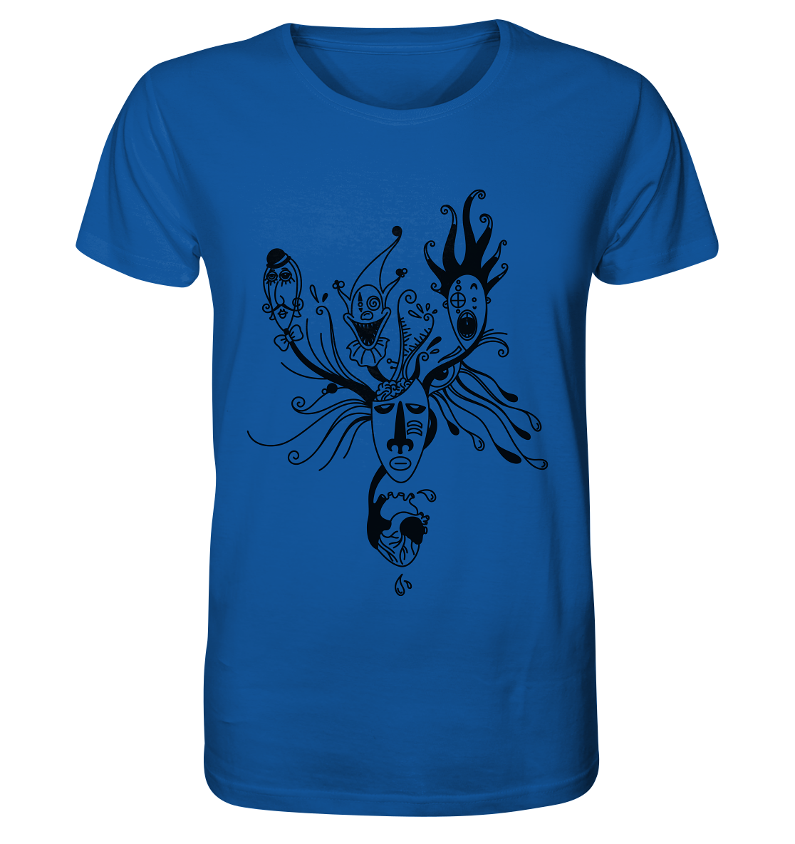 Blaues, bedrucktes - Vegan & Organic – Unisex Shirt: Behind the Mask...(Herz, Maske, Auge, Harlekin, Clown und Pantomime im minimalistischen Blackline-Design) 