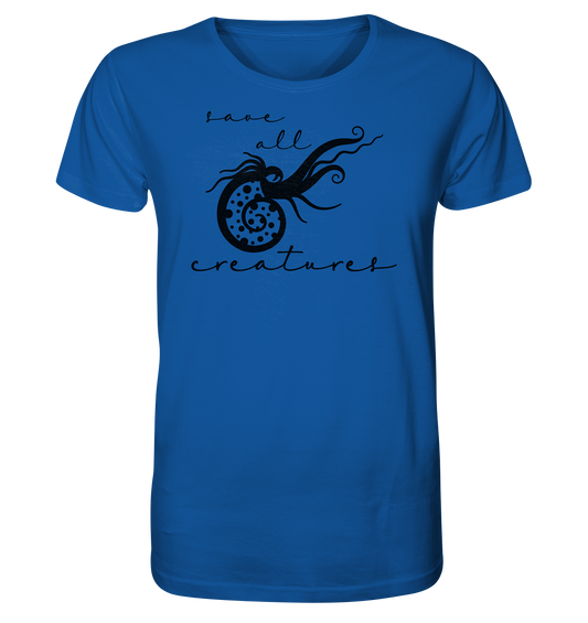 Blaues, bedrucktes - Vegan & Organic Unisex Shirt: schriftzug: Save All Creatures, Meeresschnecke in minimalistischem Design