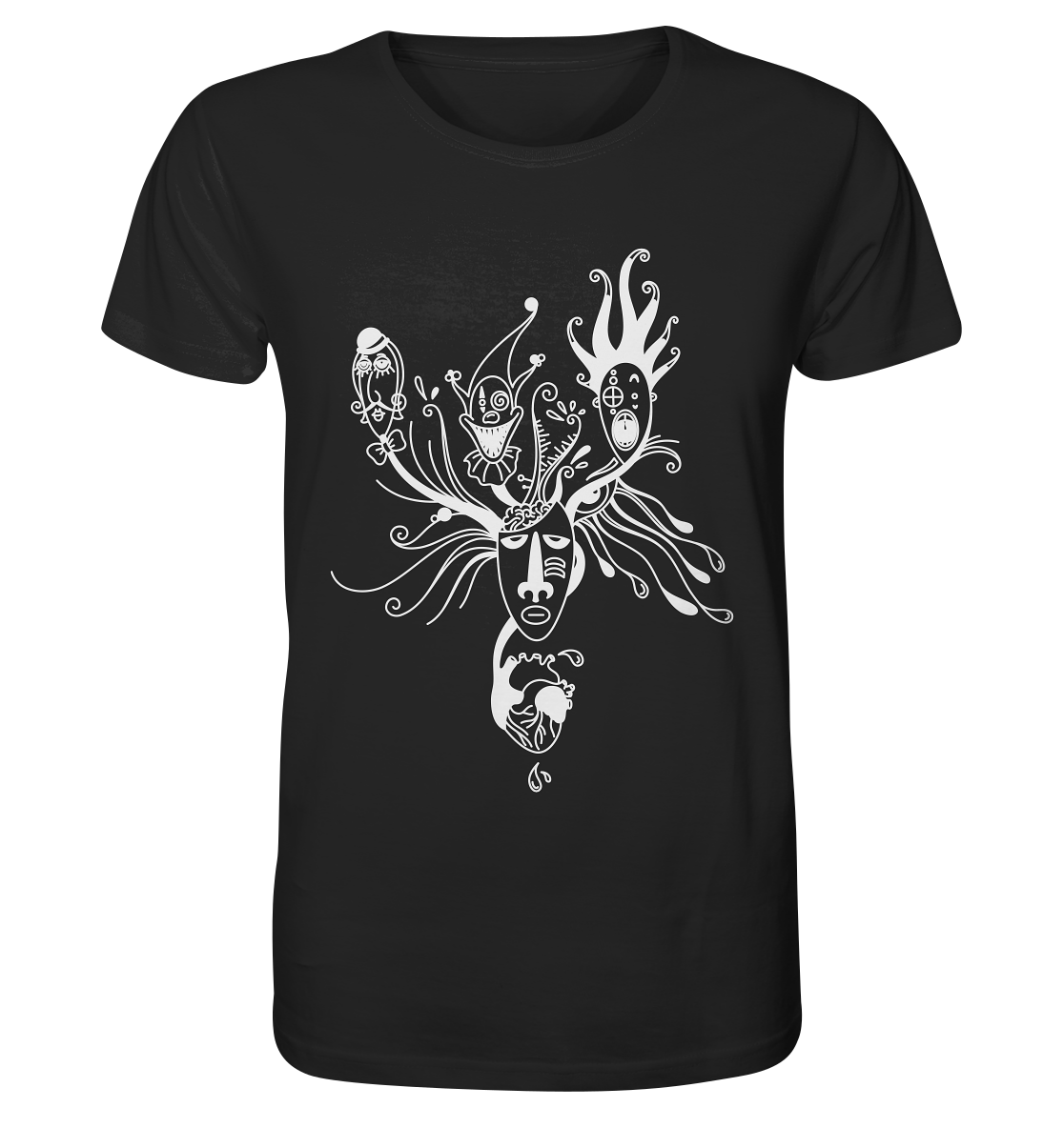 Schwarzes, bedrucktes - Vegan & Organic – Unisex Shirt: Behind the Mask...(Herz, Maske, Auge, Harlekin, Clown und Pantomime im minimalistischen Blackline-Design) 