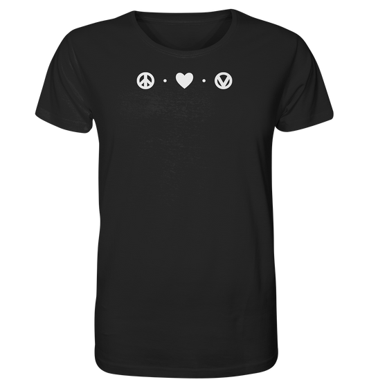 Vegan & Organic Unisex Shirt: Peace - Love - Vegan (bedruckt mit drei schlichten kleinen Logos oben: ein Peace – Zeichen, ein Herz und ein „V“, von einem Kreis eingefasst, welches für Vegan steht, getrennt sind die Logos mit zwei Punkten) Farbe: Schwarz