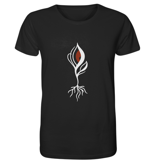 Vegan & Organic Unisex Shirt: Minimalist bloody Eye - Plant in focus (Augen Pflanze mit roter Pupille und Wurzeln, weiß auf schwarz)