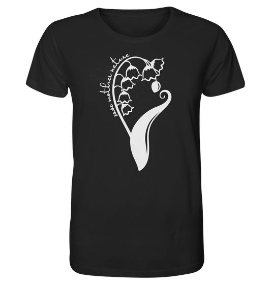 Schwarzes, bedrucktes - Vegan & Organic Unisex - Shirt: Save Mother Nature with Flower Power (minimalistisches Maiglöckchen)