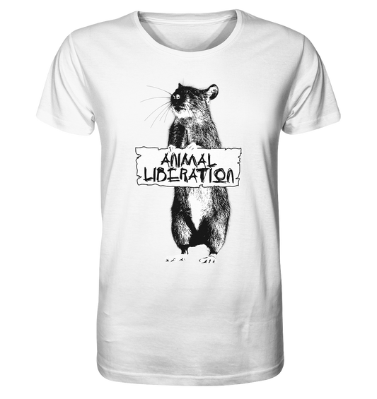 Vegan & Organic Unisex Shirt: Rat in Black and White - Animal Liberation (bedruckt mit digital Collage, stilisierte Ratte in schwarz weiß hält ein Schild mit der Aufschrift "Animal Liberation", Tierschutz) weiß