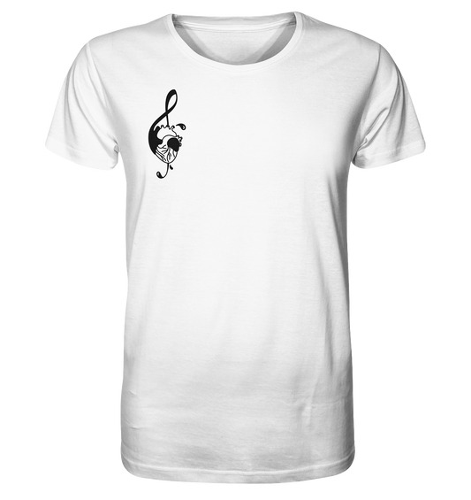 Vegan & Organic Unisex Shirt: Music Therapy with Heart (bedruckt mit minimalistischem Herz und integriertem Notenschlüssel im Oldschool Tattoo Stil, rechts oben) Farbe: Weiß