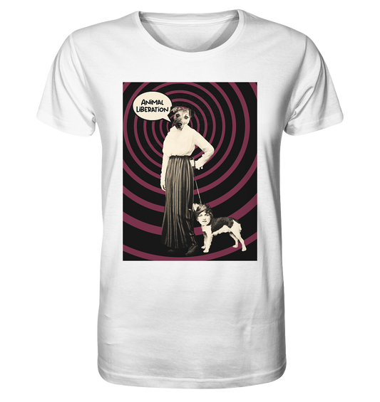 Vegan & Organic Unisex Shirt: Upside Down - Animal Liberation (bedruckt mit digitaler Collage: schwarzer Spiralhintergrund auf Beerenfarbe, im Vordergrund alte Fotografie: Frau mit Hund an der Leine, durch Bildbearbeitung Hundekopf auf Frauenkörper, Frauenkopf auf Hundekörper, Sprechblase „Animal Liberation“, Tierschutz, Tierrechte) Farbe: weiß