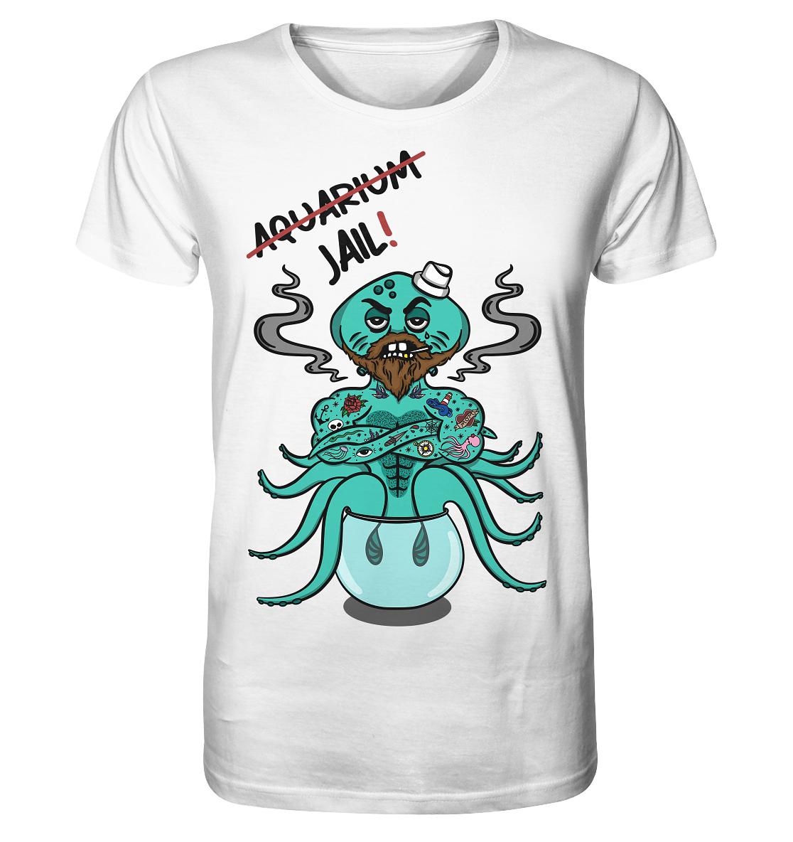 Vegan & Organic Unisex Shirt: Sailor in Jail! (bedruckt im Comic -Stil: Oktopus als Seemann mit Oldschool Tattoos sitzt in viel zu kleinem Fischglas und Schriftzug Aquarium durchgestrichen, darunter Jail! geschrieben, Tierschutz, Schutz der Meereslebewesen, Rettet die Meere) Farbe: Weiß