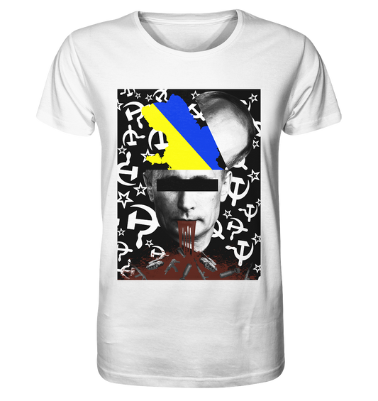 Weißes, bedrucktes - Vegan & Organic - Unisex Shirt: STOP WAR IN UKRAINE! Digitale Collage: Putins Kopf, Flagge der Ukraine, Waffen, Blut)