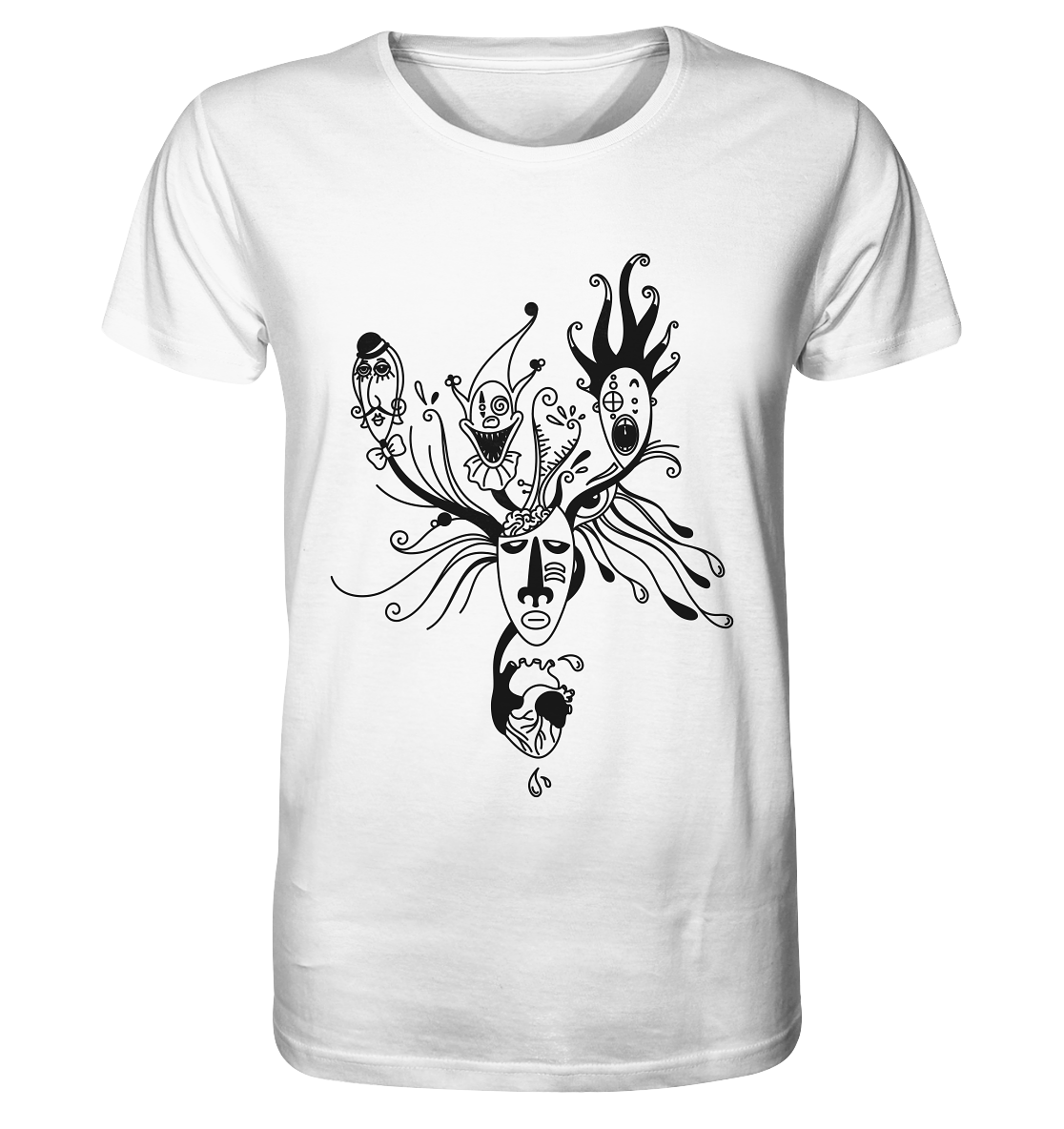 Weißes, bedrucktes - Vegan & Organic – Unisex Shirt: Behind the Mask...(Herz, Maske, Auge, Harlekin, Clown und Pantomime im minimalistischen Blackline-Design) 