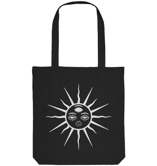 Vegan, Recycled & Eco Stofftasche: The Sun - Third Eye Awakening (minimalistisch, Goa, Ethno, bedruckt, weiß auf schwarz)